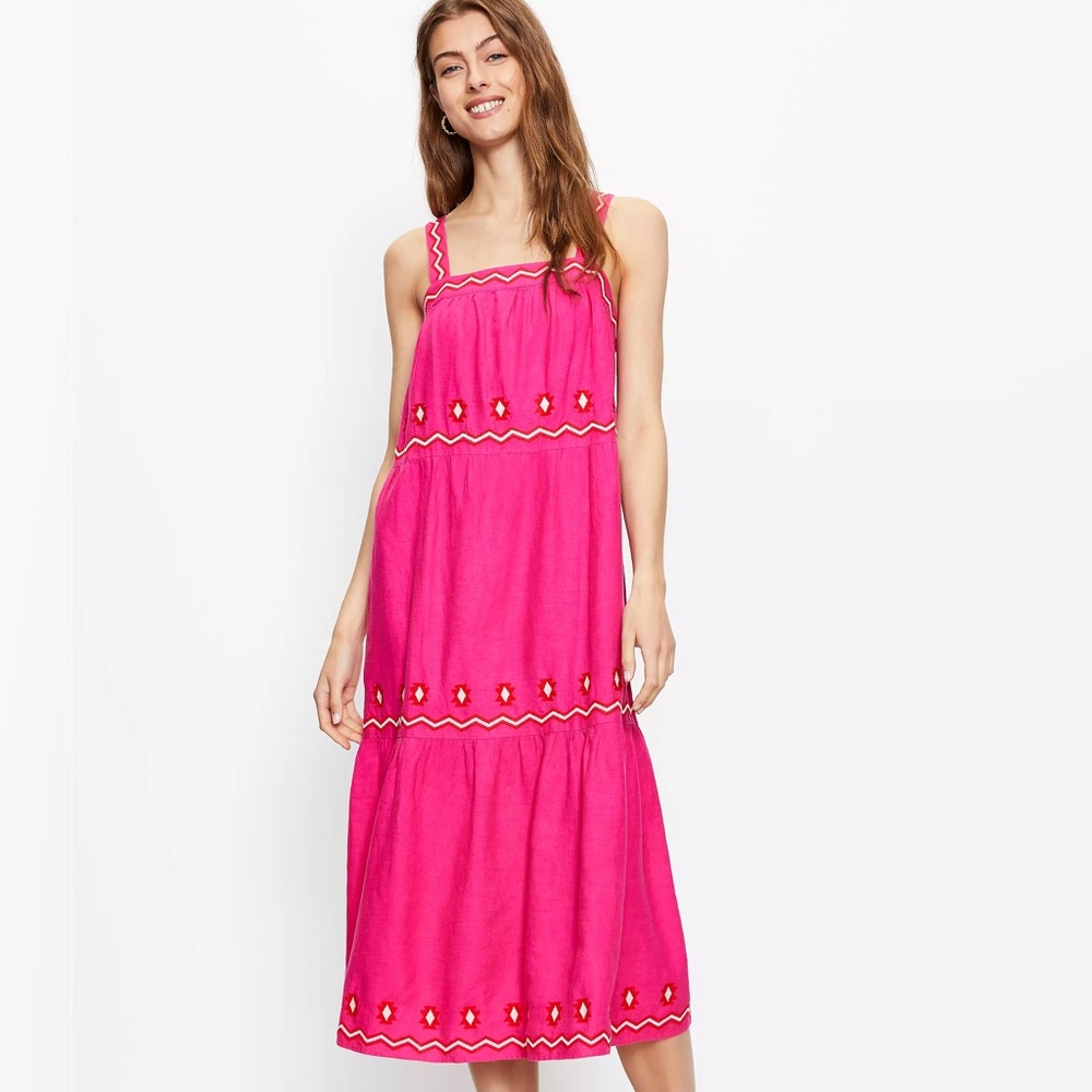 LOFT Linen Blend Embroidered Tiered Square Neck Midi Dress in Hot Pink Sz Large
